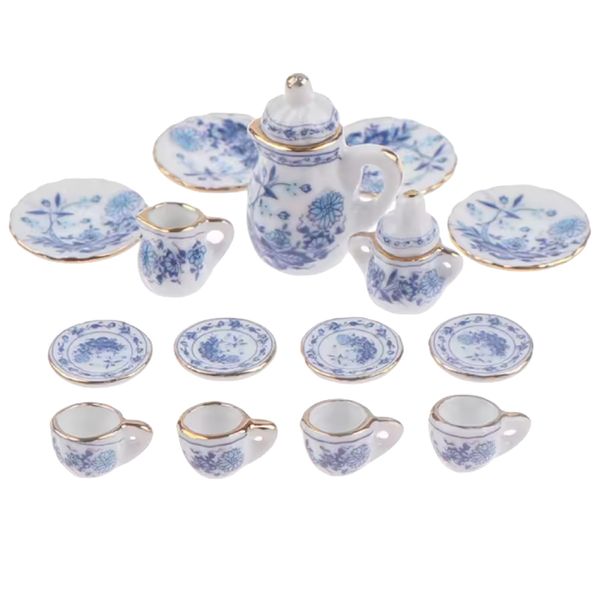 Toys Mini Ceramic Dollhouse Tea Set With Flower Pattern 15 Piece