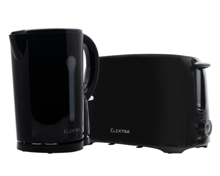 Elektra 1.7L Plastic Cordless Kettle and 700W 2 Slice Toaster Set Black