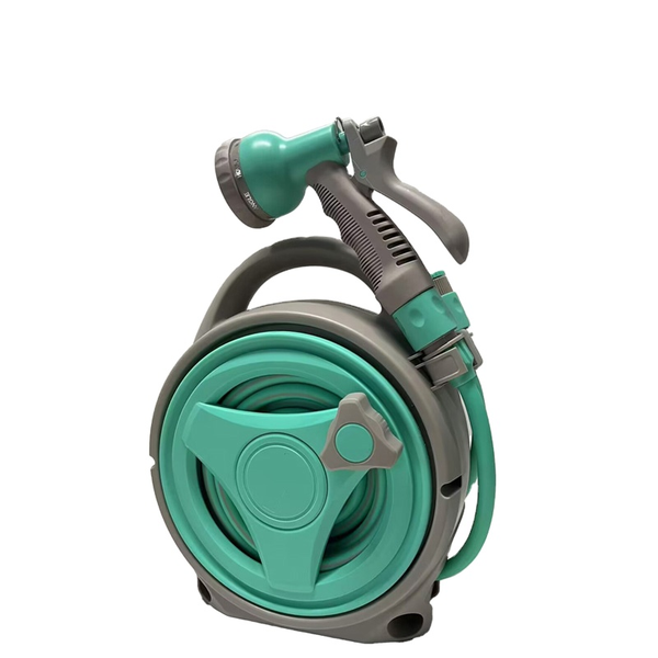 Portable Garden Hose &amp; Reel with Spray Nozzle - 15M - Lake Green