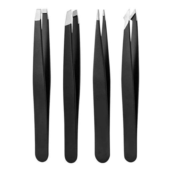 4-Piece Multifunctional Stainless Steel Eyebrow Tweezer Set - Black