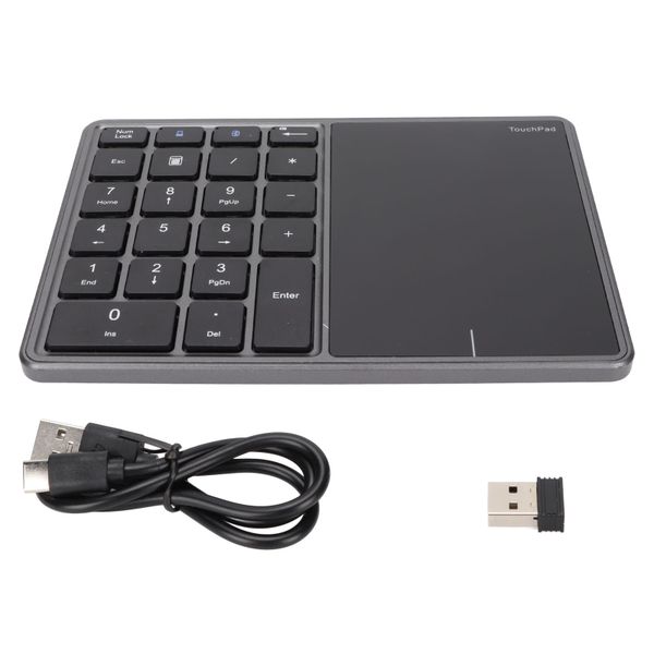 Wireless numeric keypad 2.4G ergonomic 22 keys with touchpad gray