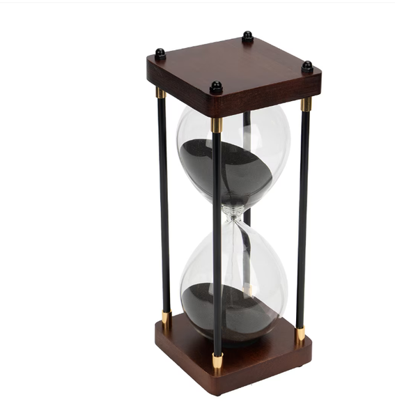 Large 60-minute hourglass, wooden, black sand, black