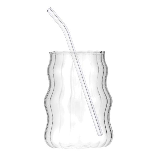 Stylish Striped Glass Beverage Cup With Straw - Trasparent