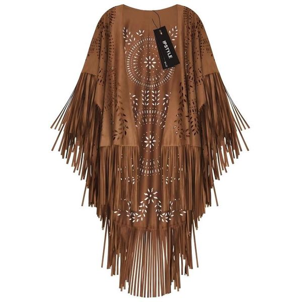 IPSTYLE Camel Suede Floral Hollow Out Fringe Tassel Shawl Women