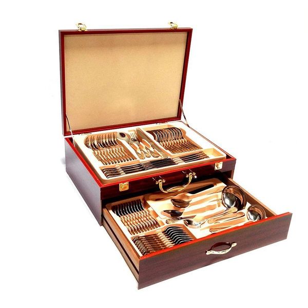 84-Piece Luxury Gold Accent Stainless Steel Cutlery Set in Wooden Case