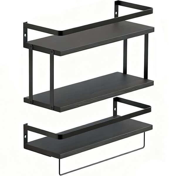 2pk Bathroom Floating Shelves Wood Wall Mounted Shelves Towel Rack Storage