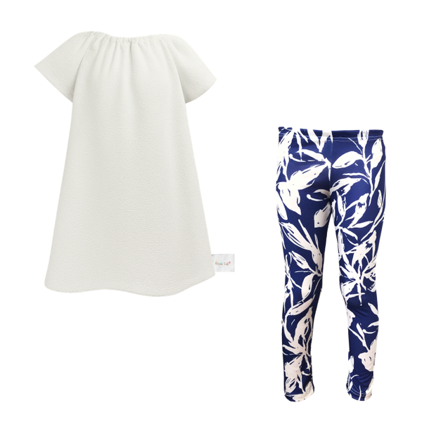 Kids-Girls Gathered Peasant Neck-Top&amp;Capri Legging-White Leaves