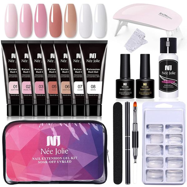 7-Colours Nail Gel Set with Top Coat, Base Coat, Nail Lamp, UV LED