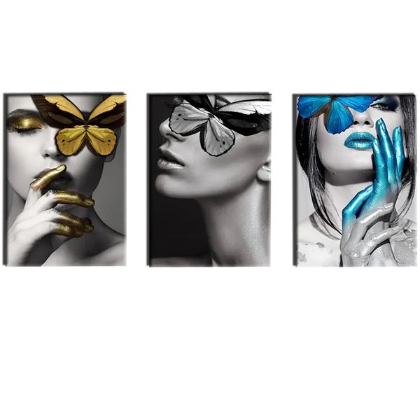 Canvas Art - 3 Pieces Back and White Ladies Face Canvas Wall Art Decor