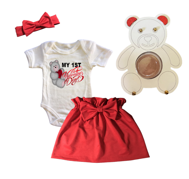 My First Valentines Day Outfit-Vest, Skirt, Headband &amp; Teddy Bear Frame