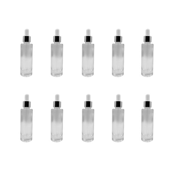 10 Pack - 30ml Clear Glass Bottles with White Dropper &amp; Silver Collar