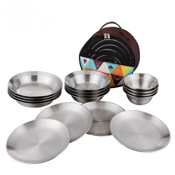 16 Piece Outdoor Stainless Steel Camping Plate and Bowl set in a Carry Bag