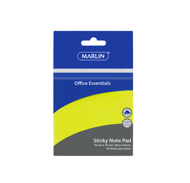 Marlin Office Sticky Note pad 76 x 76mm 100 sheets Neon colours 12 Pack