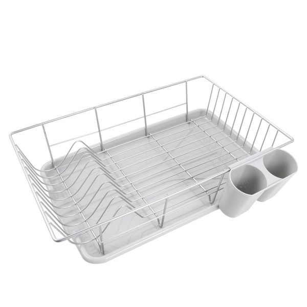 Steel Dish Draining Rack With Drip Tray And Cutlery Holder- White