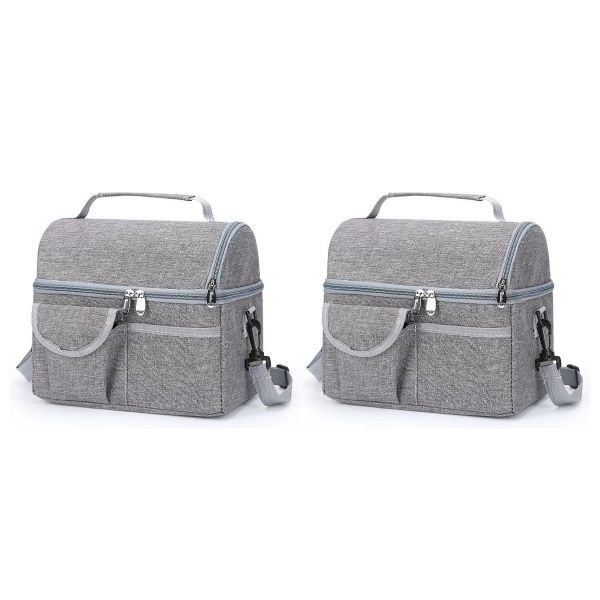 Portable Insulated 2-Partitions Thermal Cooler Lunch Bags Set Of 2 -Grey