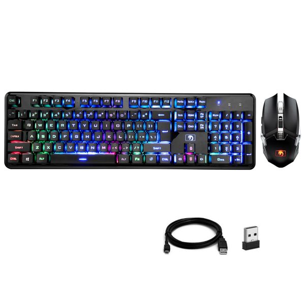 2.4G Wireless Rainbow LED Mechanical Feel Gaming Keyboard Mouse-Piano Black