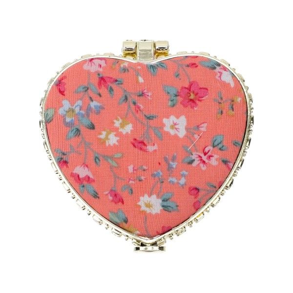 Double-Sided Heart-Shaped Flower Printed Fabric Foldable Mirror - Pink/Gold