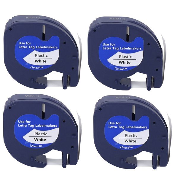 4 Pack Label Tape for Dymo Letratag Black on White Plastic Label Tape
