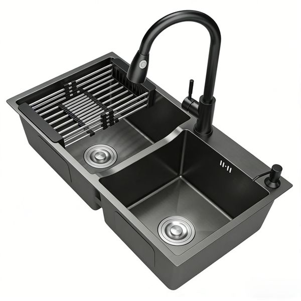 Modern Double-Bowl Kitchen Sink with Drain Hose, Drain Dasket and Faucet