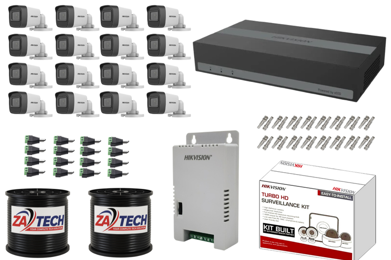 Hikvision 16CH ESSD DVR Kit, 2MP Cameras, ZATECH RG59 Rolls, PSU &amp; Pins