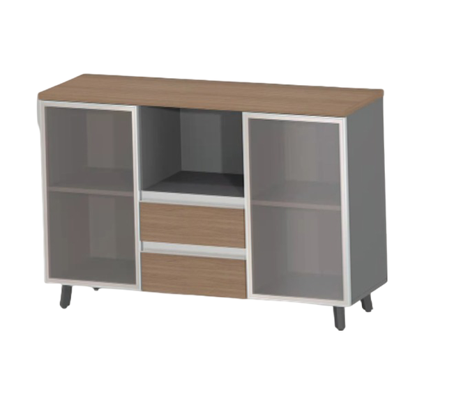 Office Cabinet - Walnut (Sliding Drawers, Glass Shelves &amp; Lockable Casters)