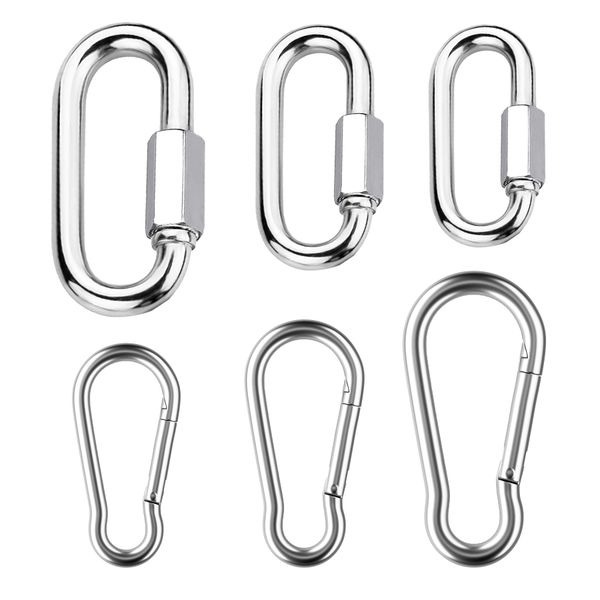 Heavy Duty Carabiner Set -6 Sizes Stainless Steel Screw Lock