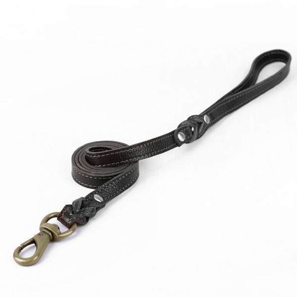1.1m Premium Leather Leash with Brass Buckle for Small Pets - Black