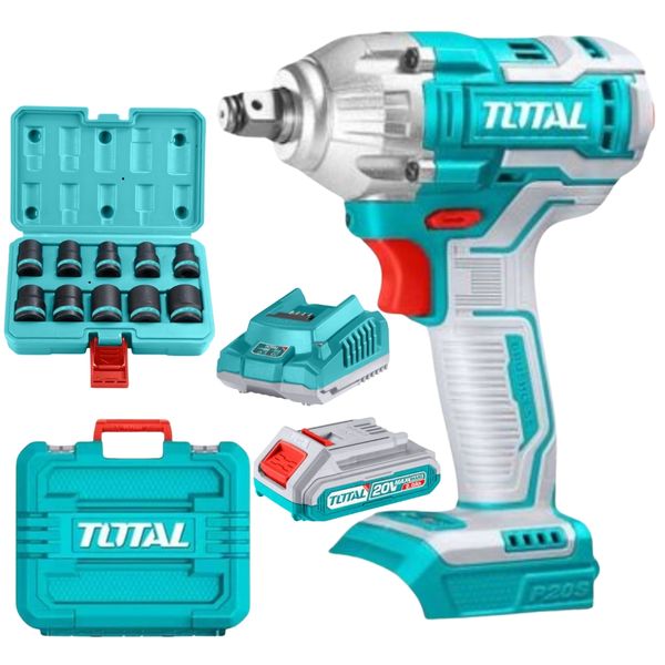 Total Tools - Cordless Wrench with 2.0Ah Battery, Charger &amp; 10Pc Socket Set