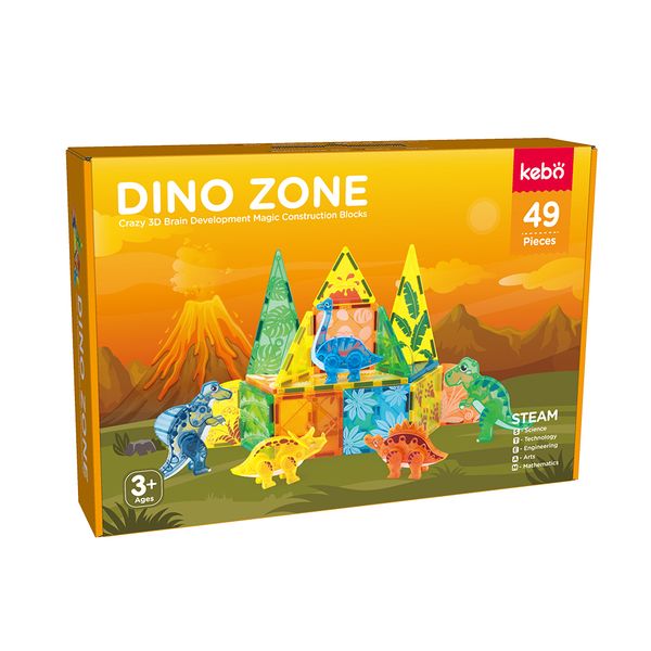 KEBO Dino Zone - 49 Piece Magnetic Tiles Set | STEM Building Blocks | 3+