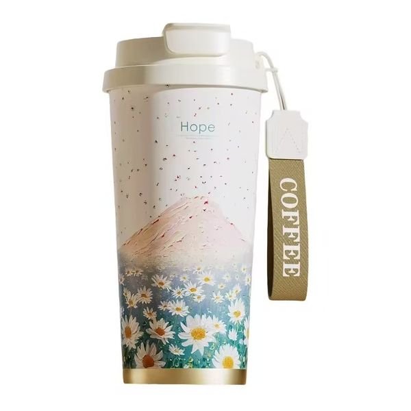 Hope Double Wall Stainless Steel Ceramics Flower Coffee Mug 520ml