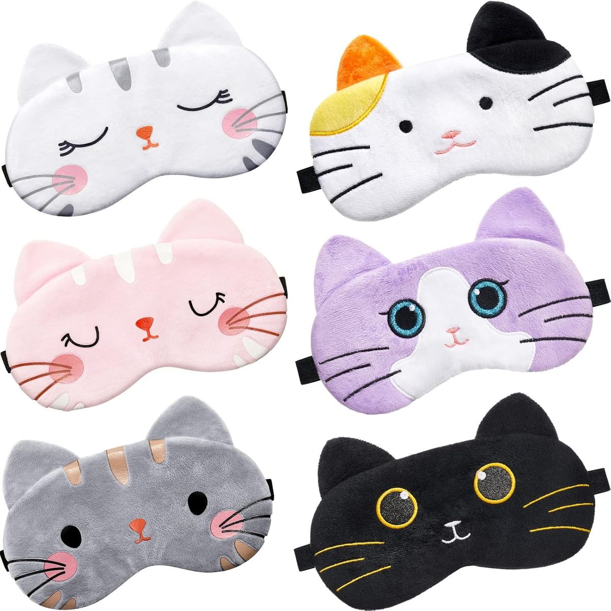 Kids Sleep Masks - Cute Cat Animal Sleeping Eye Cover - Soft Eyeshade - 6 Piece Set