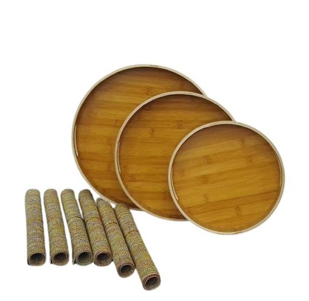 Zamudi Glazed Round Wooden Dinner Plates and Tray Mat Set