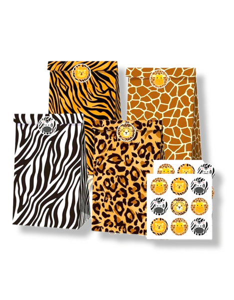 Party Favor Bags With Stickers - Safari Animals - Set of 12