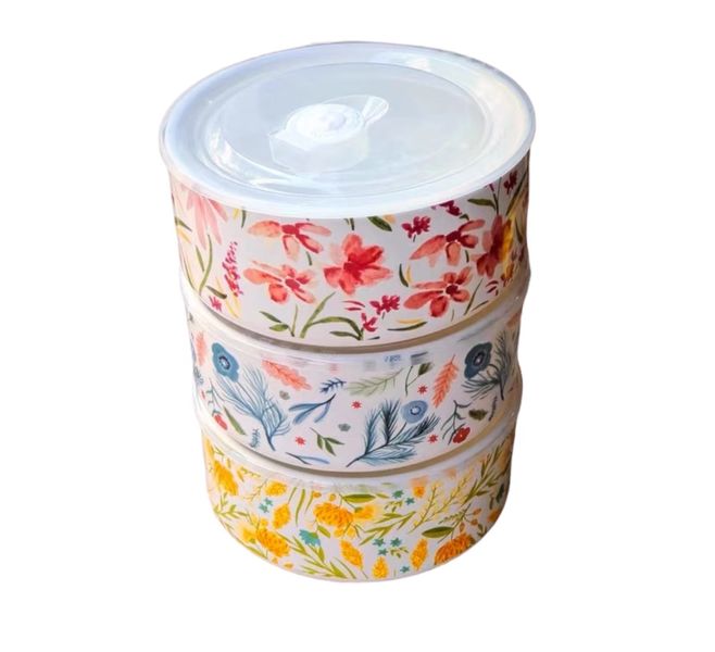 Vintage Floral Set of 3 Ceramic Lunch Box Microwave Safe Bowls with Lid