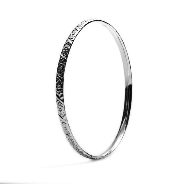 Half Round Flower Bangle Sterling Silver - Comfort Fit - 4mm
