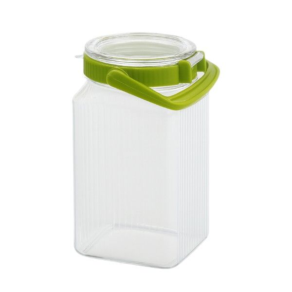 Airtight Square Storage Jar with Green Handle &amp; Screw-On Lid - Transparent
