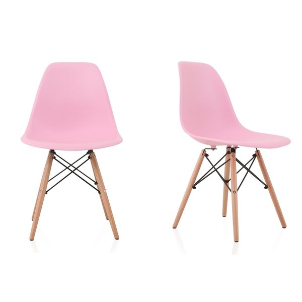 Set of 2 Mid Century Modern Shell Dining Wooden Dowel Legs Chair - Pink