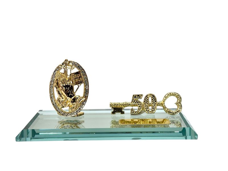 50th Key with Diamante Praying Hands + Bible on a Glass mirrorbase
