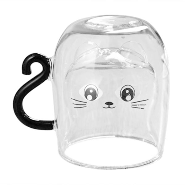 Glass Cup Double Wall 250ml Cute Cat Home Coffee Mug with Handle for Hot an