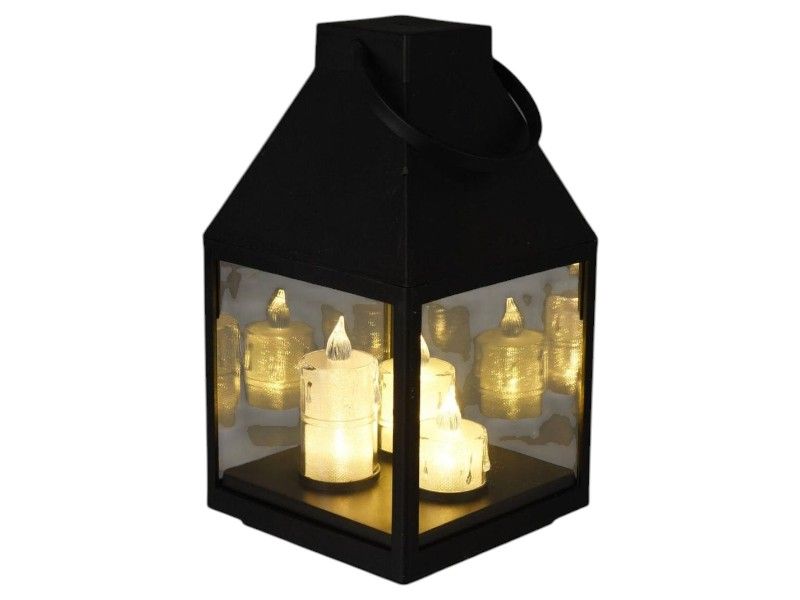 Black Lantern with 3 LED Candles - Warm Glow Accent, 13.5x13.5x25cm