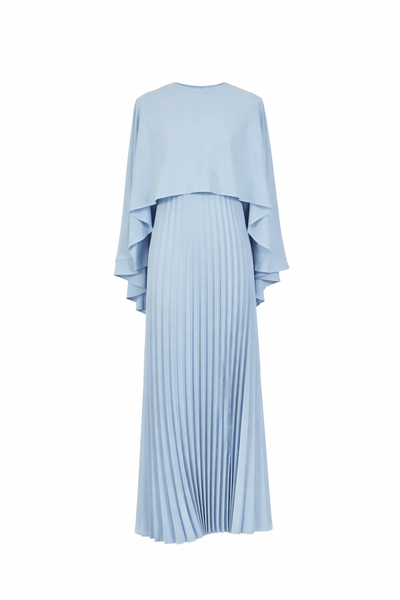 Sophisticated Blue Pleated Maxi Dress with Slitted Cape Detail by Amiiraa