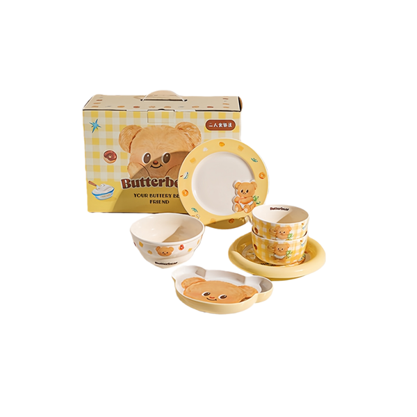 Kids Ceramic Bowls and Plates Set, Cute Bear Dinnerware Gift Box