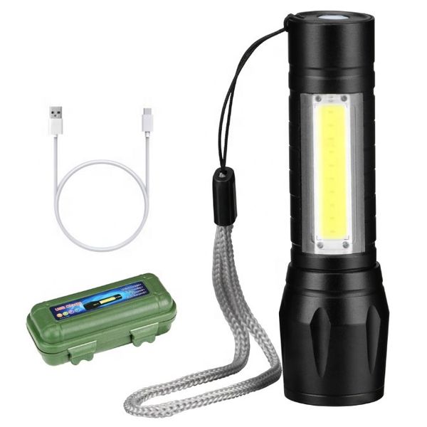 Powerful Rechargeable Led USB Flashlight Torch Light with side cob light