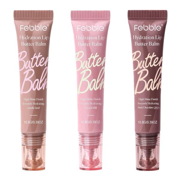 3 Pack Febble High Shine Butter Balm Instant Hydration Colour Lip Glosses