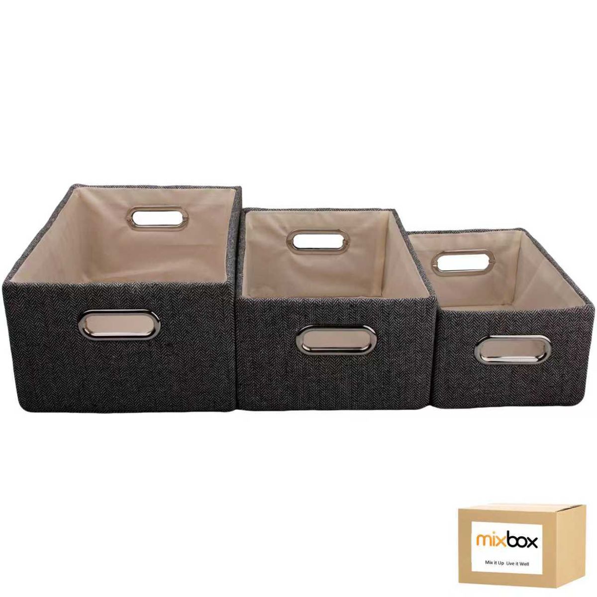 Mix Box Herringbone Canvas Storage Basket with Handles,3 Pack