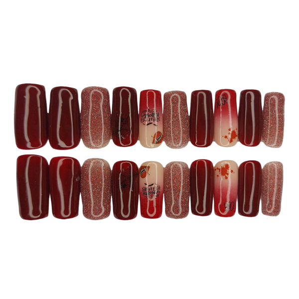 Luxury Press On Nails - Long Square Maroon Halloween Set - 20 Piece