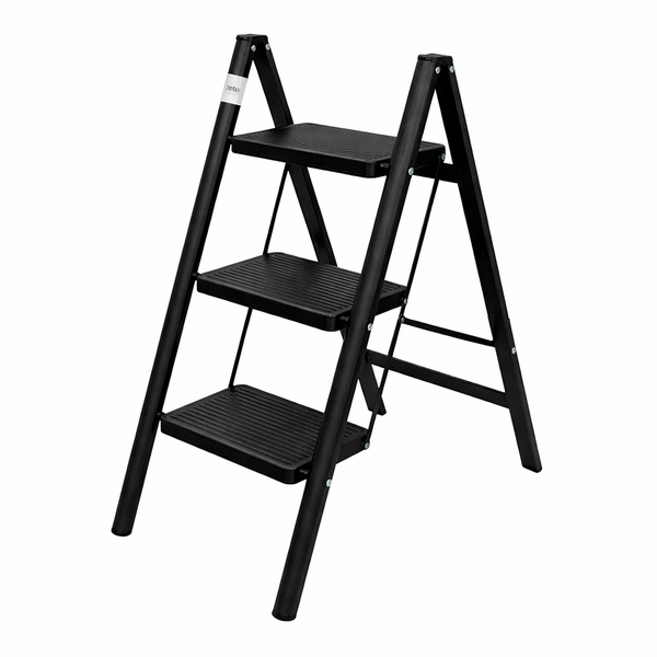 3-Step Foldable Steel Ladder - Non-Slip &amp; Compact Black