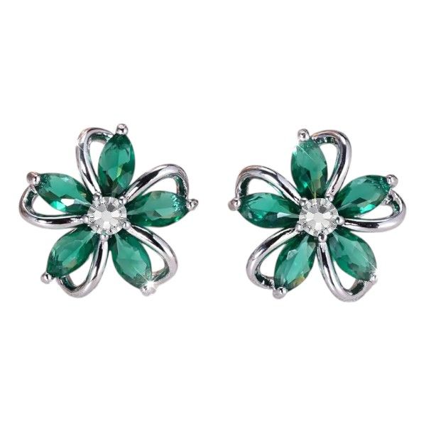 Petal Loops Floral Stud Earrings With Crystal Centerpiece - Black &amp; Silver
