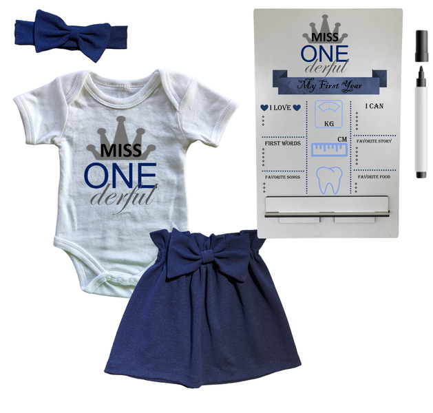 First Birthday Outfit-Skirt, vest &amp; Milestone sign- Navy-One'derful Crown