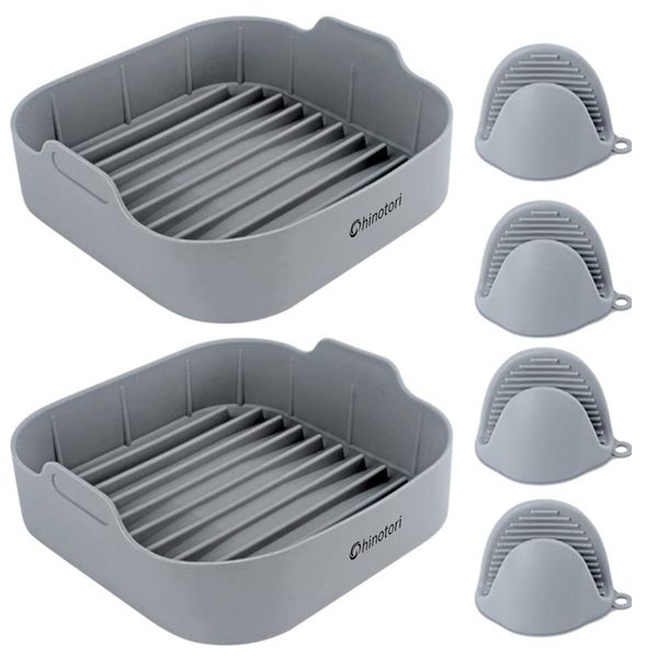 2 Pack Reusable Silicone Air Fryer Liner Square Air Fryer Pot with 4 Mitts